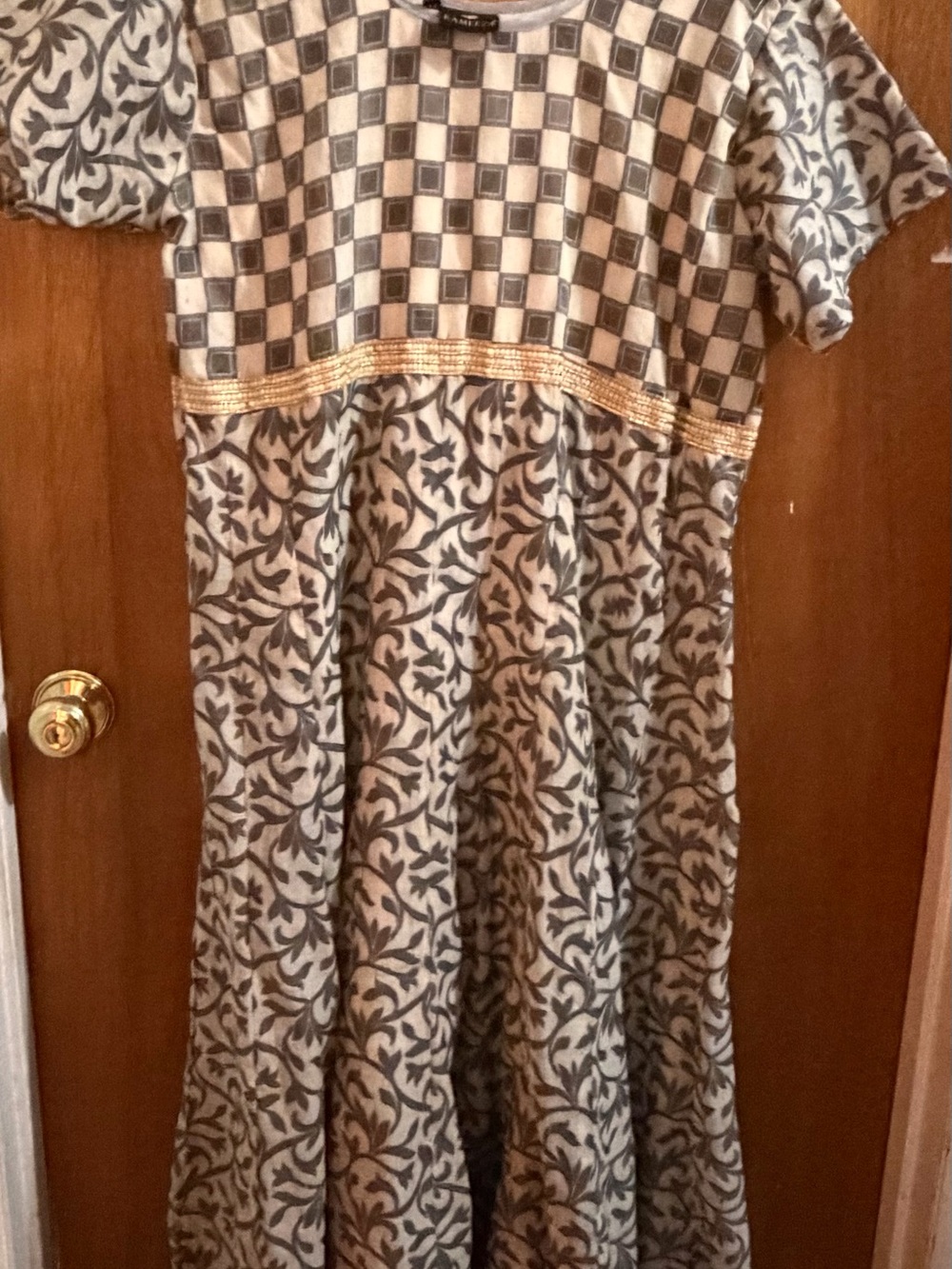 Cream and Gray Patterned Maxi Dress with Gold Accent